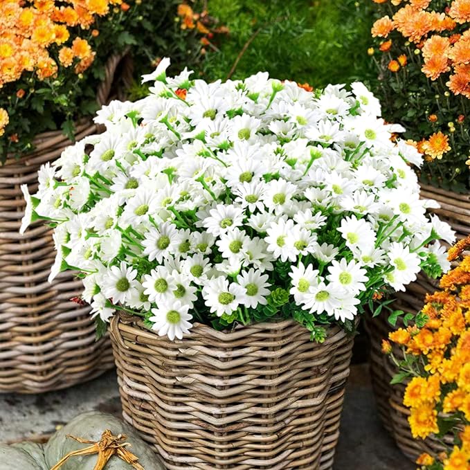 10pcs Outdoors Artificial Mum Flowers UV Resistant Daisy Fake Silk Chrysanthemum Greenery Faux Eucalyptus Plants for Spring Summer Garden Patio Window Box Planter Home Decor(White)