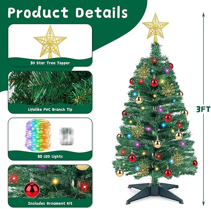 3 FT Artificial Christmas Tree with Lights - 12 Lighting Modes, Timer&Ornaments, Mini Fake Xmas Tree for Tabletop, Home, Office, Christmas Decoration Tree Decor