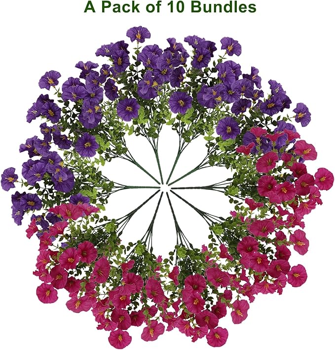 10 Bundles Artificial Flowers for Outdoor,UV Resistant Fake Petunia Flowers,Faux Plants for Outside Hanging Planters,Artificial Plants for Indoor Porch Garden Home Wedding Decor(Fuchsia,Purple)
