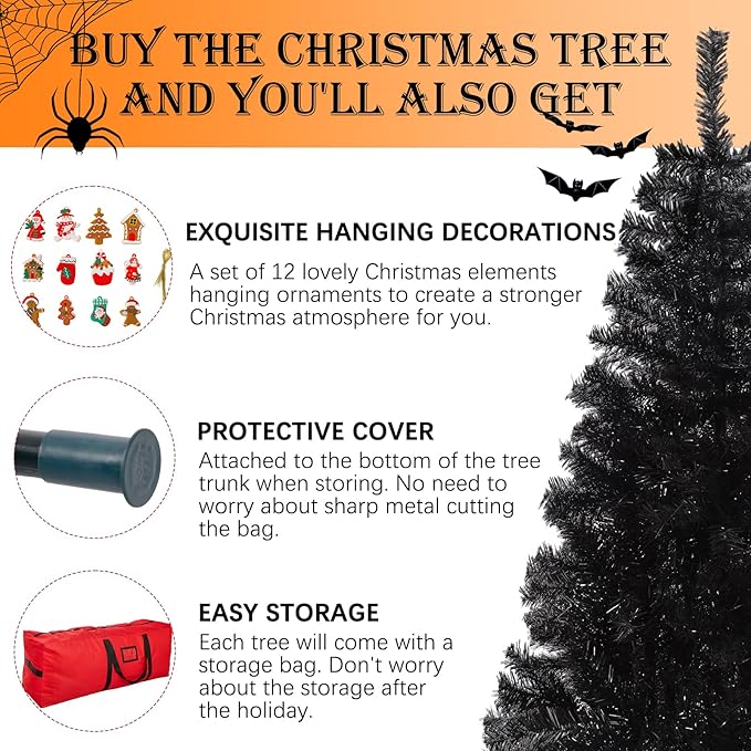 4FT Artificial Black Christmas Tree, Small Halloween Tree with 450 PVC Branch Tips & Foldable Metal Stand Seasonal Holiday Decoration