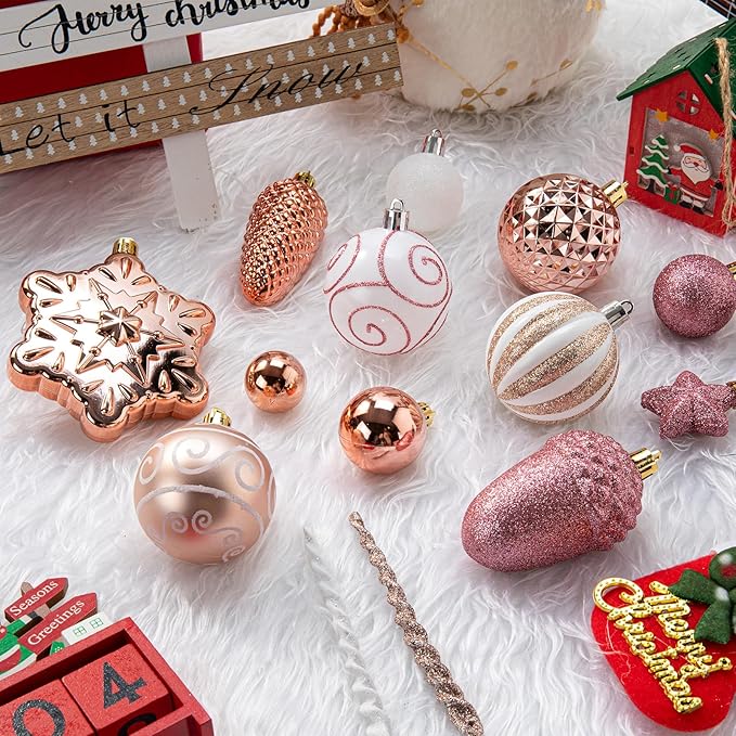 110 Pcs Rose Gold & White Christmas Ornaments Set, Assorted Christmas Balls Decor for Xmas Tree, Shatterproof Plastic Baubles Hanging Decorations for Holiday/Party/Wedding