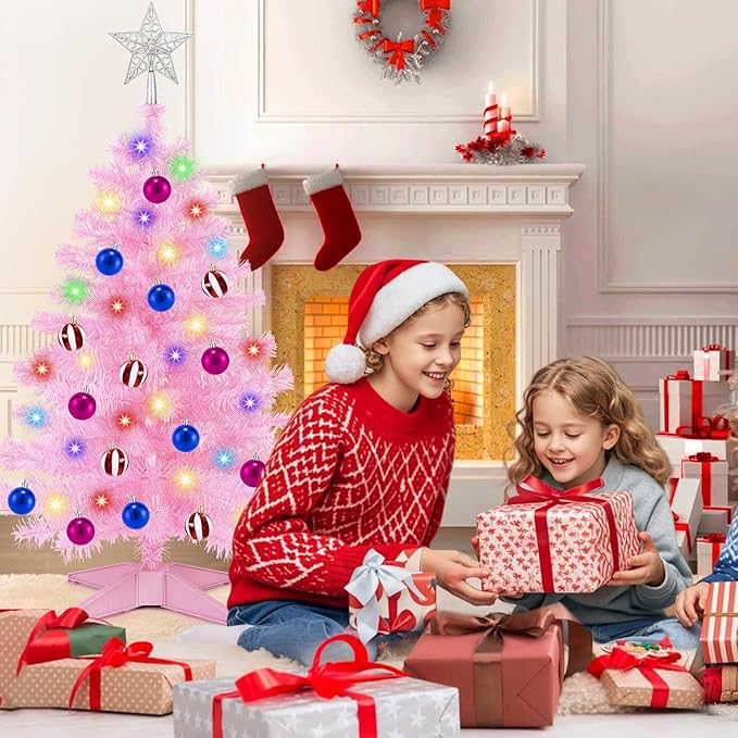[ Remote Control & 12 Modes ] 3 Ft Christmas Tree with Timer 50 Warm White & Multi Color Lights, 15 DIY Ornaments 3D Star Topper - Artificial Small Pink Christmas Tree for Home Indoor Tables - Pink