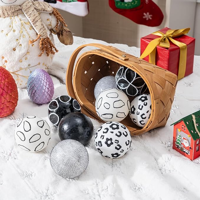 16CT Leopard Christmas Ornaments,Shatterproof Black and White Christmas Decorations, Lage Baubles Ornaments Hanging Decor for Xmas Tree Home Party Festivals (80MM/3.15'')