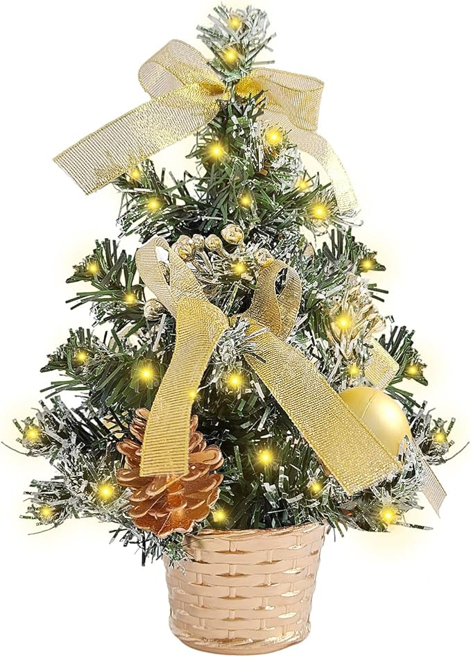 FR 12 Inch Tabletop Christmas Tree,Wintry Pine,Decorated with Pine Cones Berry Clusters,with LED Lights,for Desktop Centrepiece,Mantelpiece,Indoor DIY Christmas Decoration/Gold