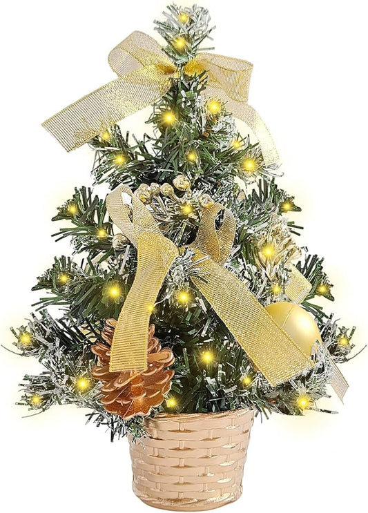 FR 12 Inch Tabletop Christmas Tree,Wintry Pine,Decorated with Pine Cones Berry Clusters,with LED Lights,for Desktop Centrepiece,Mantelpiece,Indoor DIY Christmas Decoration/Gold