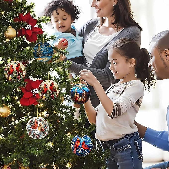 Nativity Night Ornaments Round Ceramic Stained Glass Style Birth of Jesus Christ Hanging Ornament Christmas Keepsake Decor for Xmas Tree Winter Holiday Xmas Gift for Women Men 3"