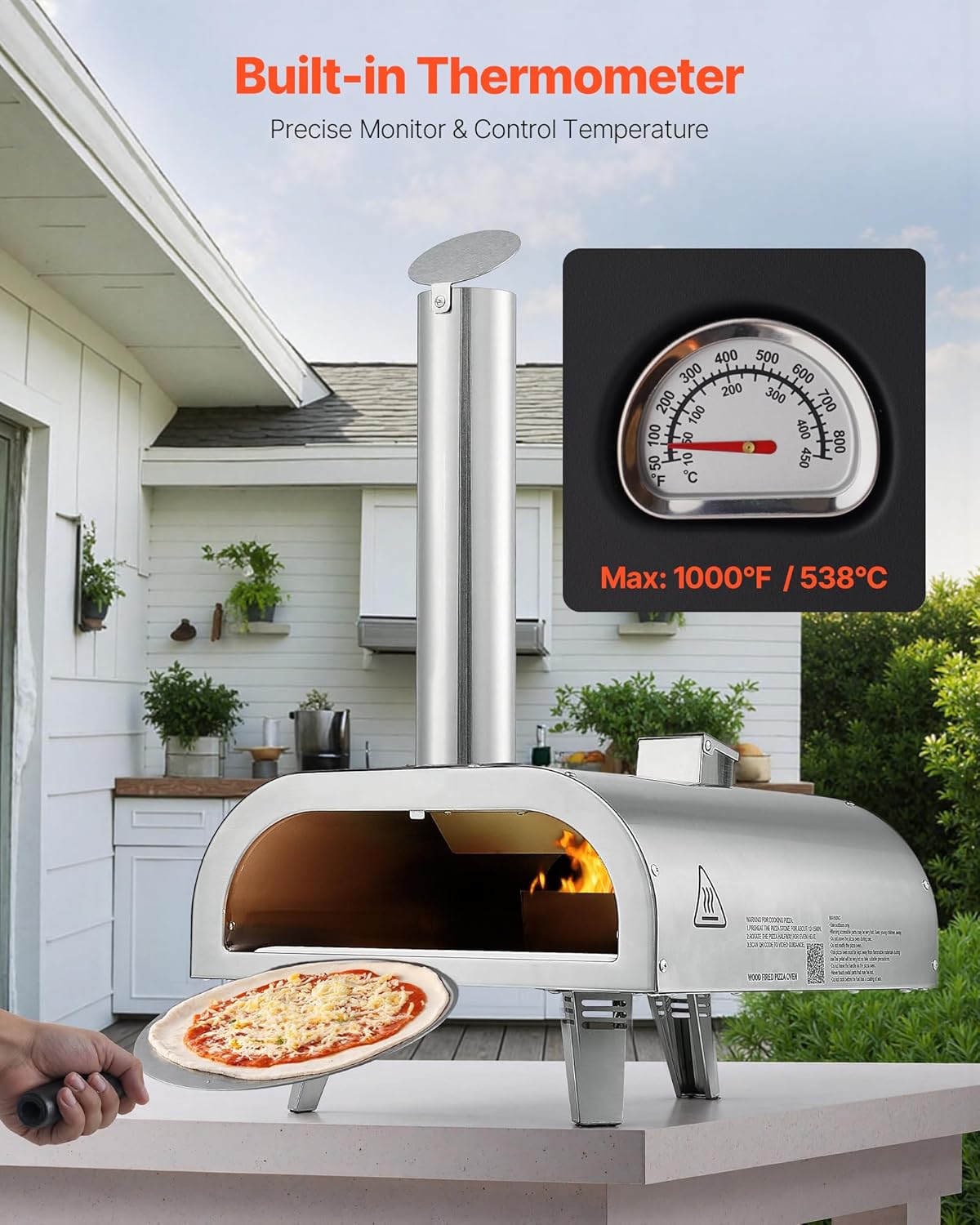 VEVOR Pizza Oven Outdoor, 12" Pellet Pizza Oven, Portable Pizza-Stove with Built-in Thermometer, Wood Fired Stainless Steel Pizza-Maker, for Backyard, Camping, Pizza-Stone, Shovel, Carry Bag, Silver