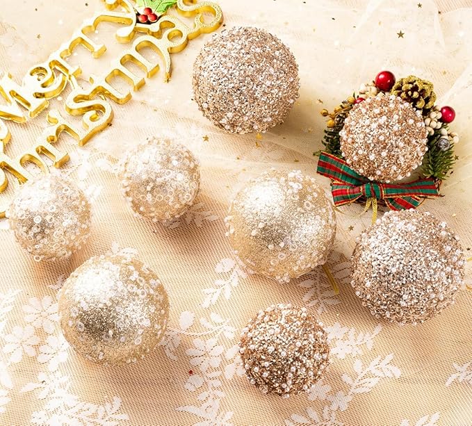 8CT Christmas Ball Ornaments, Champagne Christmas Ball Decorations Shatterproof Plastic Hanging Pearl Balls for Holiday Party(90mm/3.54")
