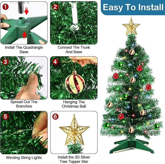 [ 12 Modes & Remote Control ] 3 Ft Christmas Tree with Timer 50 Four Color LED Lights DIY 15 Ball Ornaments Star Artificial Xmas Tree Indoor Outdoor Home Holiday Decoration (Green)