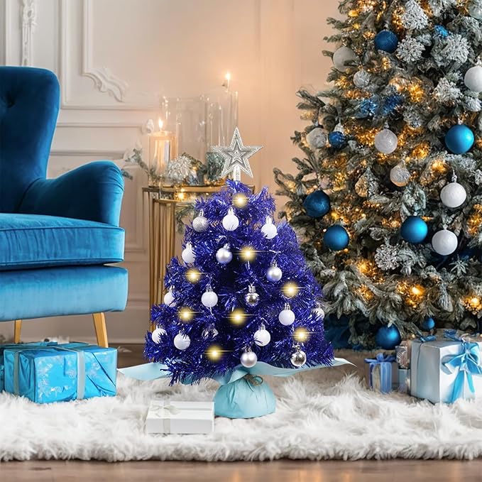 XmasExp Mini Christmas Tree with Lights Blue Small Christmas Tree Artificial Tabletop Xmas Decor Holiday Decoration for Home, Office, Party