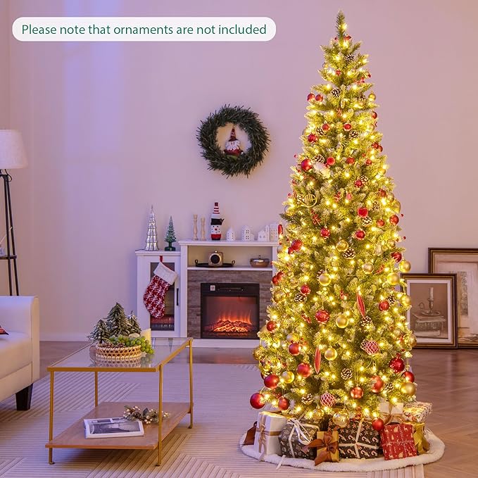 GOFLAME 7FT Pre-Lit Pencil Christmas Tree, Artificial Xmas Tree with 818 Branch Tips, 40 Pine Cones, 39 Clusters of Red Berries & 350 Warm White LED Lights, Holiday Decoration Tree for Home Party