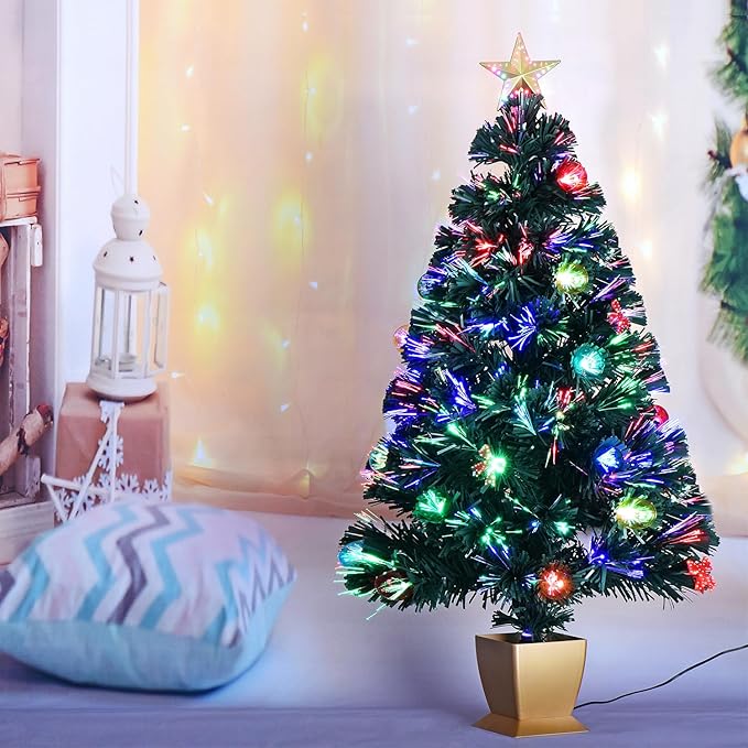 3ft Green Fiber Optic Christmas Tree,Prelit Artificial Tabletop mini Christmas Tree,Star,Butterfly and Ball Ornaments for Best Holiday Home Decorations