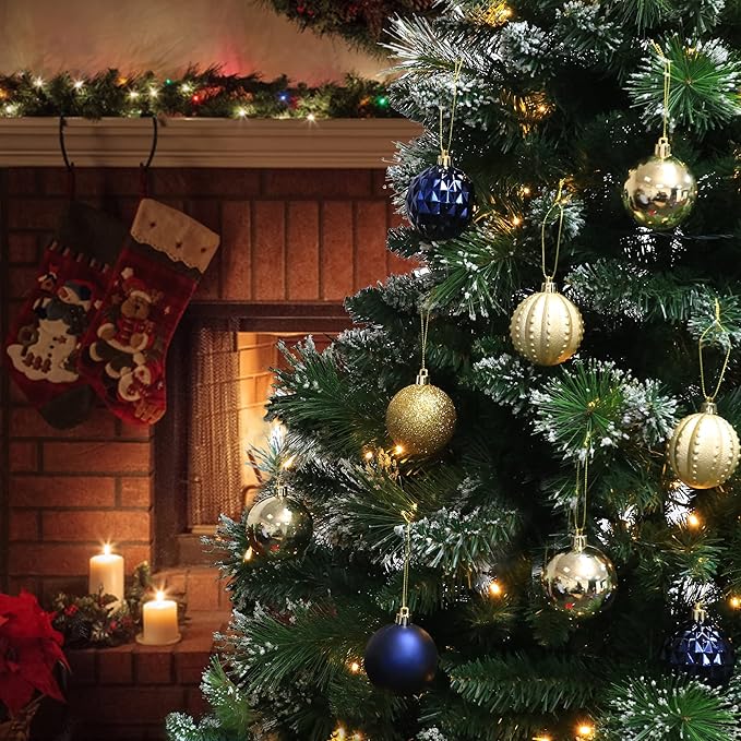 45Pcs 6cm/2.36inch Christmas Balls Glitter Ornaments Set, Shatterproof Plastic Xmas Tree Hanging Ornament, Christmas Decorations Balls for Holiday Festival Wedding House Bar Party(Navy/Gold)