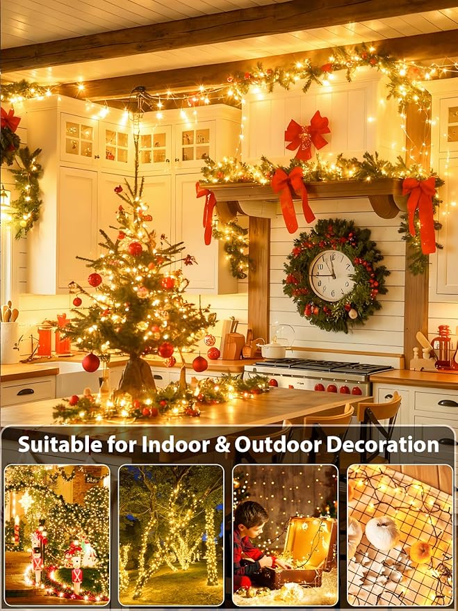 33 FT 100 LED Christmas String Lights Indoor Outdoor, Memory Function & Timer & 8 Modes, UL Certified, Linkable Green Wire Waterproof Twinkle Light for Christmas Tree Party Garden Decor (Warm White)