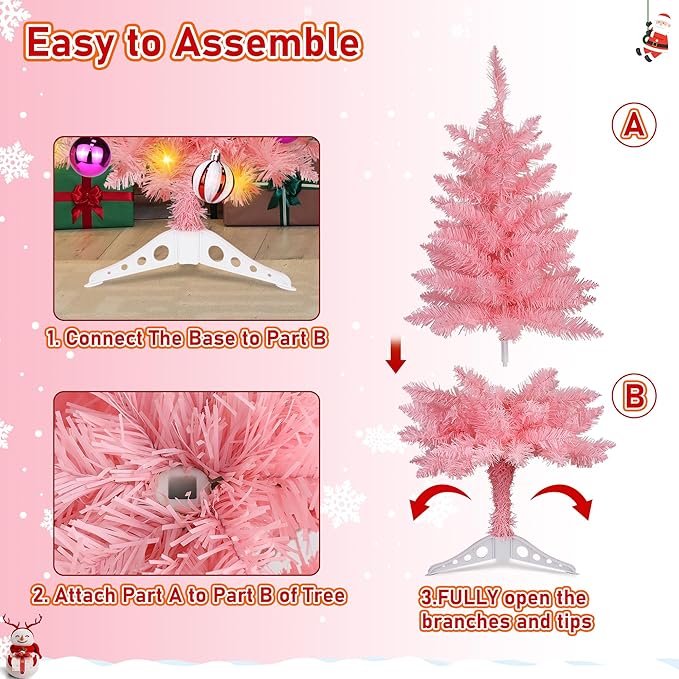 [Timer & 8 Modes] 3FT Pink Christmas Tree with Lights, Artificial Small Christmas Tree with Star -Includes 15 Xmas Balls Ornament Pink Xmas Trees Decorations for Home, Office, Indoor and Outdoor