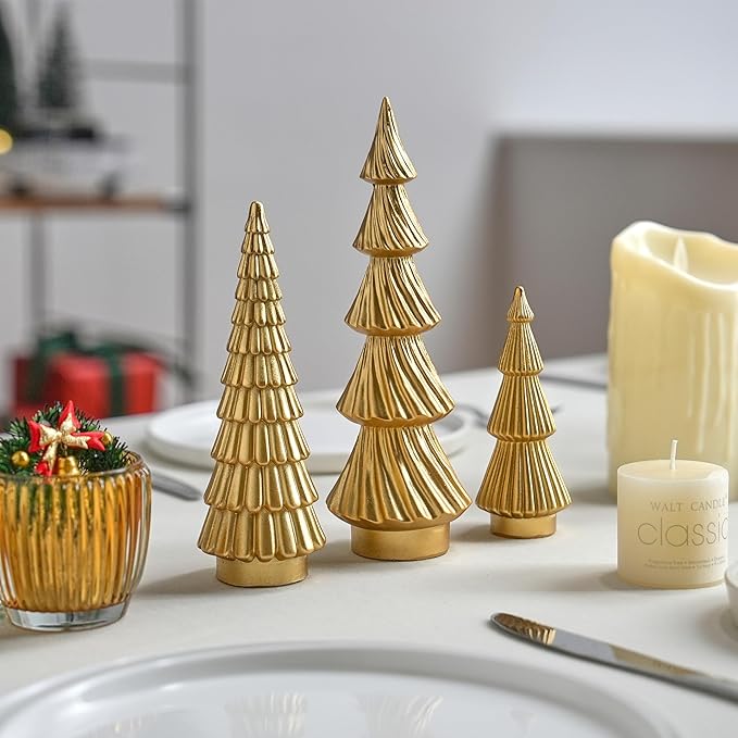 Gold Christmas Trees Small Resin Christmas Tree Figurines, 3Pcs Decorative Tabletop Trees for Xmas Decorations Indoor Mantel Centerpiece