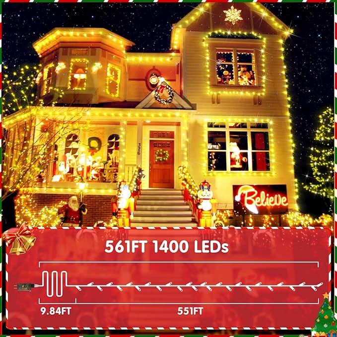 XURISEN 551FT 1400 LED Christmas Lights Outdoor Green Wire String Lights 8 Modes with Timer Memory Waterproof Fairy Light Plug in for Xmas Tree Wedding Yard Party Holiday Decorations(Warm White)
