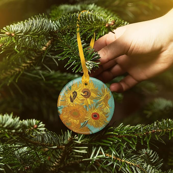 Christmas Tree Ornament, Porcelain Van Gogh Sunflowers fine Art Keepsake Ornament by RainCaper