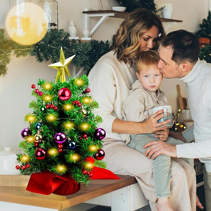 Small Tabletop Christmas Tree, 22 Inch Mini Artificial Prelit Christmas Tree Decorated with Warm Lights, Colorful Ornaments, Star Treetop, Red Berries and Cloth Bag Base for Holiday Decoration