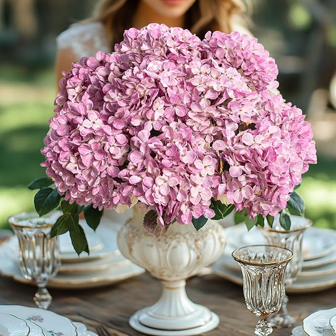 Artificial Flower Fake Silk Hydrangea Heads Bouquet with Stems Bulk for Fall Decoration Table Center Christmas Indoor Outdoor Faux Floral Realistic with Leaves Plants Crafts 8PCS(Pink)