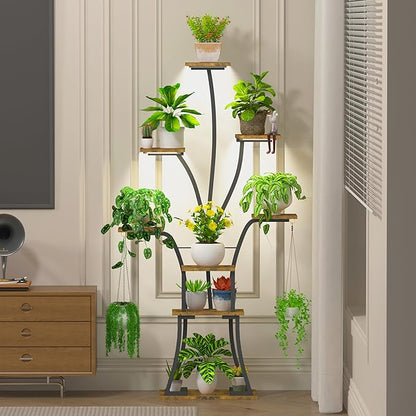 64" Tall 8 Tiered Plant Stand Indoor with Grow lights Large Tree Shape Decorative Rack Plant Pot Holder Gardening for Living Room Corner Black
