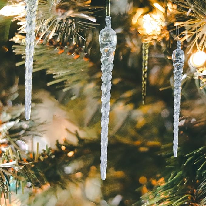 AMS Christmas Sparkling Glitter Icicle Ornaments 30 PCS Acrylic Icicles Ornament Set for Christmas Tree New Year Party Decorations Supplies(5.8''/14.8cm, Clear)