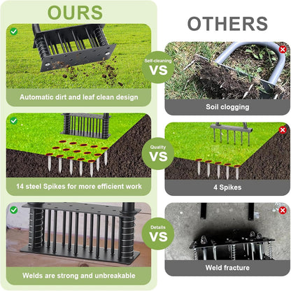Lawn Aerator,39 inch Long Aerator Lawn Tool,Save Labour Core Aerator with 14 Steel Spikes,Manual Push Grass Aerator for Lawn and Garden,Yard