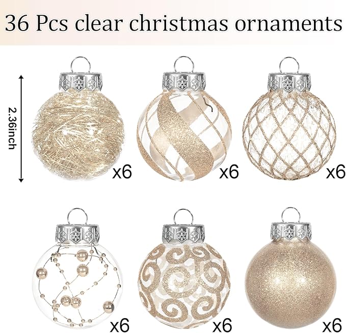 Ouddy Decor 36 Pcs Clear Christmas Ball Ornaments, 2.36" Shatterproof Champagne Plastic Christmas Ornaments Set Decorative Hanging Transparent Baubles for Xmas Tree Holiday Party Decor, Champagne