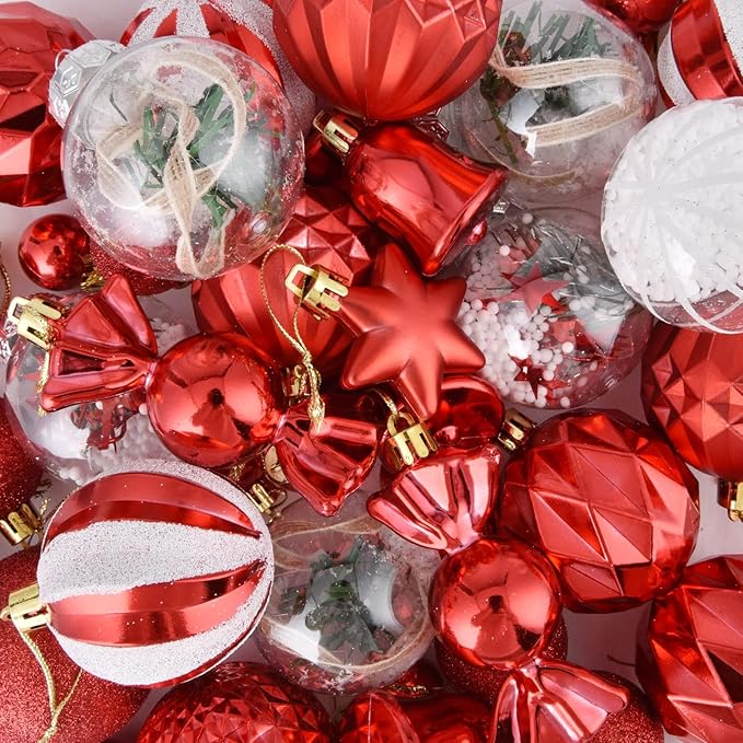 ILLUMINEW 111-Pack Christmas Balls Ornaments,Assorted Shatterproof Christmas Ornaments Set, Xmas Seasonal Luxurious Hanging Pendants Gift Package for Tree Party Holiday Indoor Decor(Red)