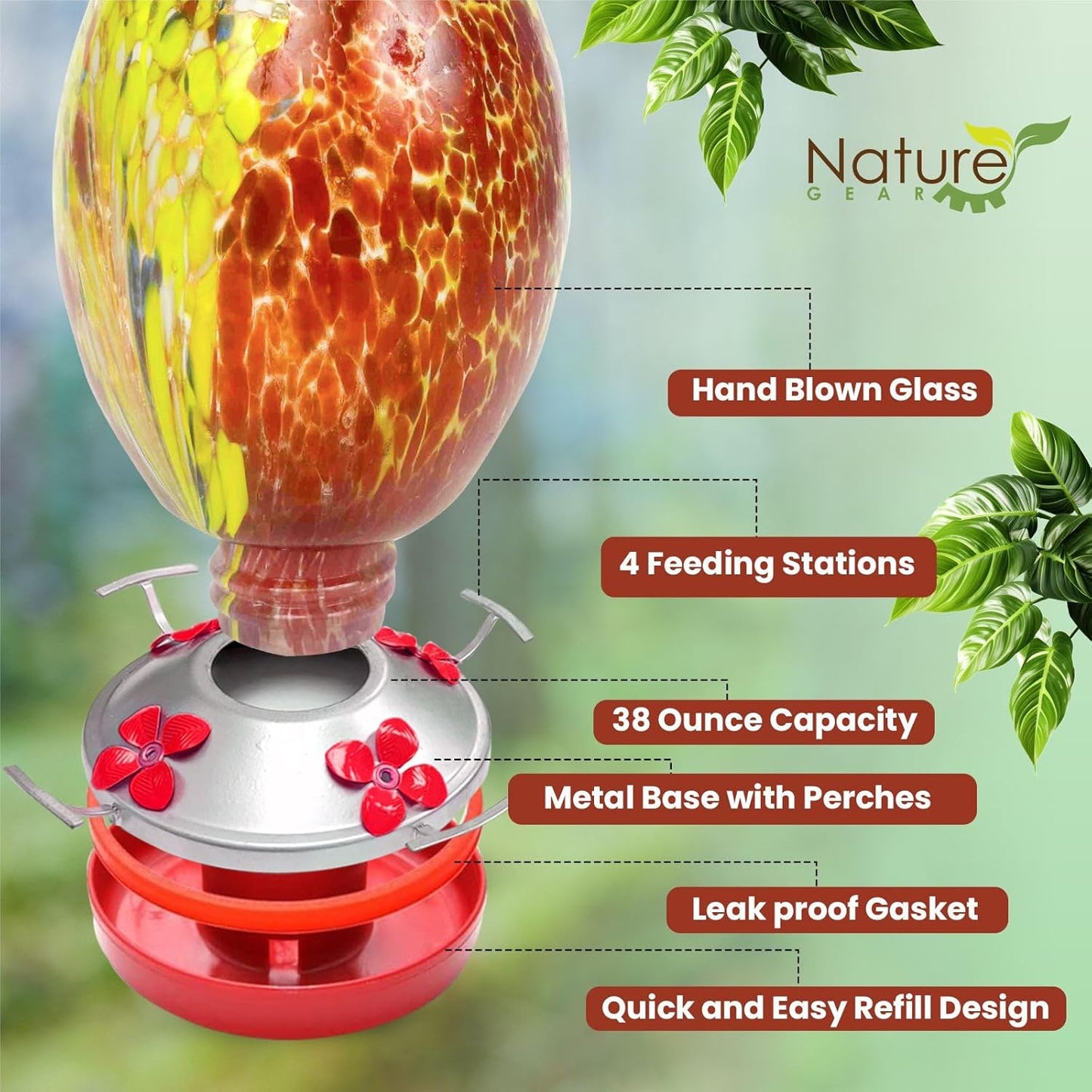 Nature Gear Hummingbird Feeder, Hanging-Mount Glass Hummingbird Feeders for Outdoors, Hand-Blown Glass Feeder with Ant Moat for Garden Hummingbirds, Easy to Clean & Rust Resistant, Volcano Red