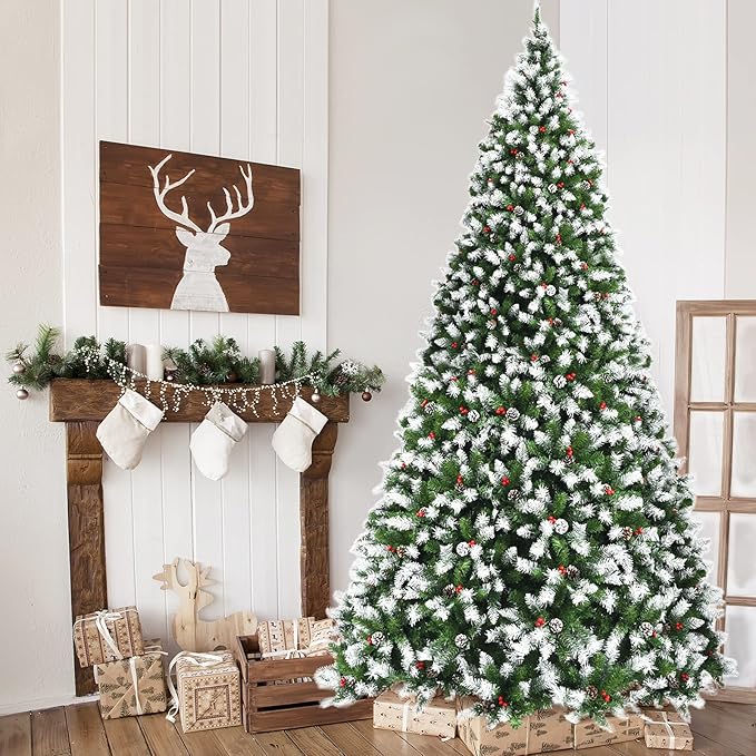 Happygrill 9ft Pre-lit Snowy Christmas Tree Pre-Strung Xmas Decoration Tree with 900 Warm White LED Lights & 2058 PVC Tips, 8 Lighting Modes, Hinged Artificial Tree for Residential Commercial Use