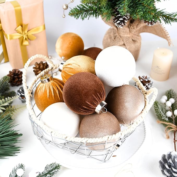 Gold Velvet Christmas Tree Ornaments - 15pcs Shatterproof Christmas Balls for Xmas Trees Decorations - Multicolor Brown Gold Neutral Beige, 80mm 3.15inch