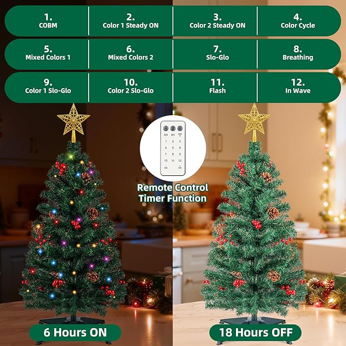 3FT Artificial Christmas Tree with Lights - 12 Lighting Modes, Timer&Ornaments, Mini Fake Xmas Tree for Tabletop, Home, Office, Christmas Decoration Tree Decor