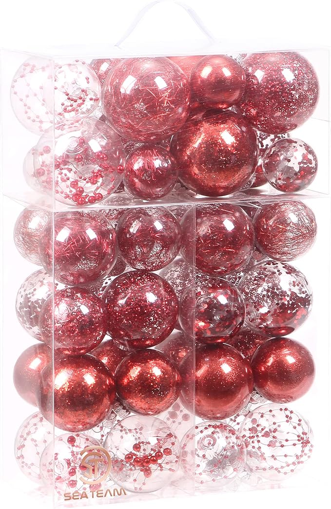 Sea Team Christmas Baubles Set of 48 Shatterproof Clear Plastic Christmas Baubles Multi-Size Decorative Baubles with Stuffed Delicate Decorations (48 Pieces, Red)