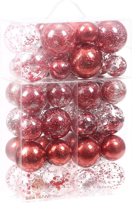 Sea Team Christmas Baubles Set of 48 Shatterproof Clear Plastic Christmas Baubles Multi-Size Decorative Baubles with Stuffed Delicate Decorations (48 Pieces, Red)