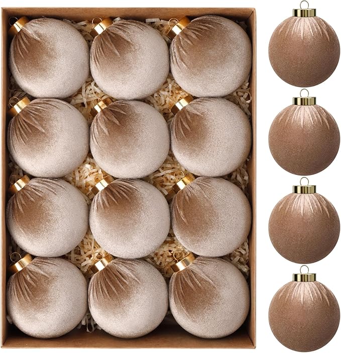 24 Pack Brown Christmas Ornaments Set, 12 Pcs 3.15 Inch Velvet Christmas Balls Shatterproof Flocked Hanging Balls Bulkand 12 Pcs Velvet Bows for Xmas Tree Garland Wreath Party Home Decor