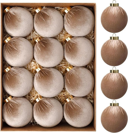 24 Pack Brown Christmas Ornaments Set, 12 Pcs 3.15 Inch Velvet Christmas Balls Shatterproof Flocked Hanging Balls Bulkand 12 Pcs Velvet Bows for Xmas Tree Garland Wreath Party Home Decor