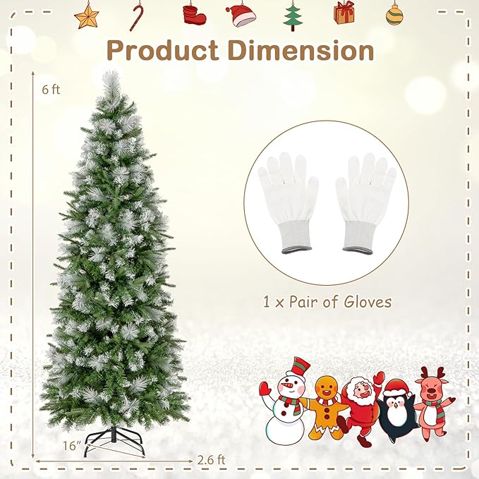 GOFLAME 6 FT Pre-Lit Pencil Christmas Tree Snow Flocked, Slim Artificial Xmas Tree with 580 Branch Tips, 280 Warm White LED Lights, Holiday Decoration Tree for Home Party Office