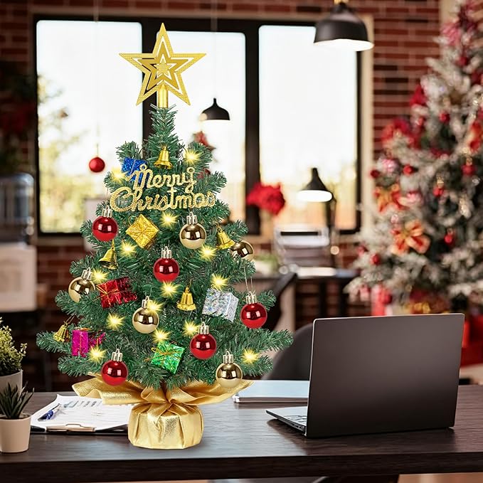[ Timer & 8 Modes] 24 Inch Realistic Tabletop Christmas Tree with 50 Warm White Lights Star Treetop and Ornaments Small Small Artificial Christmas Tree for Indoor Home Table Christmas Decorations