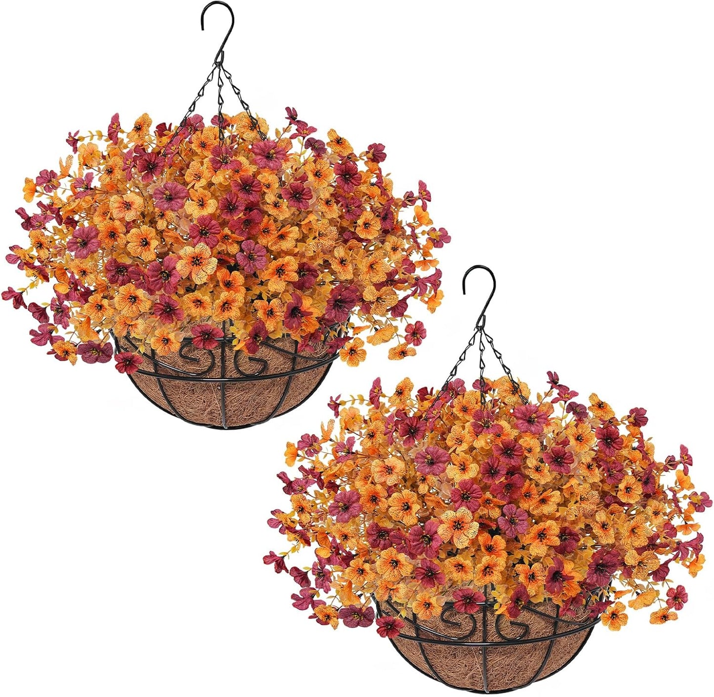 2Pack Fall Artfiticial Hanging Flowers Baskets for Outdoors, UV Resistant Fake Fall Hanging Plants, Faux Orange Flowers for Autumn Home Patio Front Porch Balcony Decor (Yellow Red)