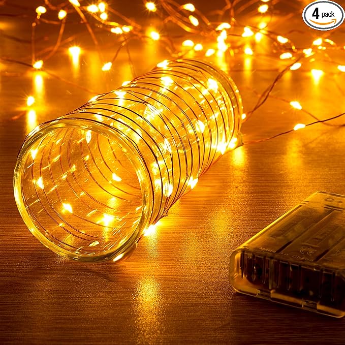 4 Pack 16.4ft Battery Operated String Lights with Timer, Warm White with Synchronized Twinkle Mode, Fairy Lights Battery Powered, 50 LEDs, Idea for Christmas Bedroom Party Wedding