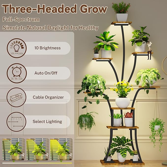 64" Tall 8 Tiered Plant Stand Indoor with Grow lights Large Tree Shape Decorative Rack Plant Pot Holder Gardening for Living Room Corner Black