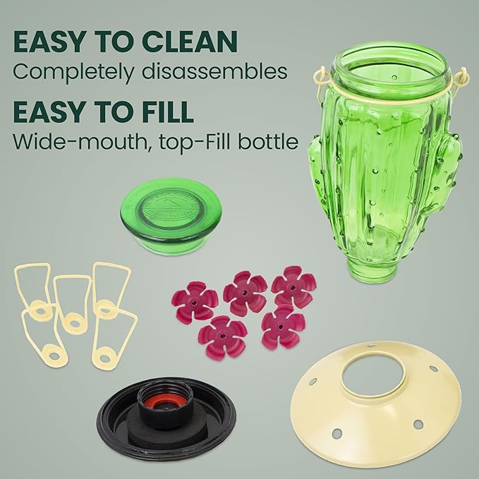 Perky-Pet Cactus Top Fill Glass Hummingbird Feeder with Built-in Bee Guards & Removable Perches - 32 oz Nectar Capacity - Hummingbird Feeder for Outdoors - 9111-1SR