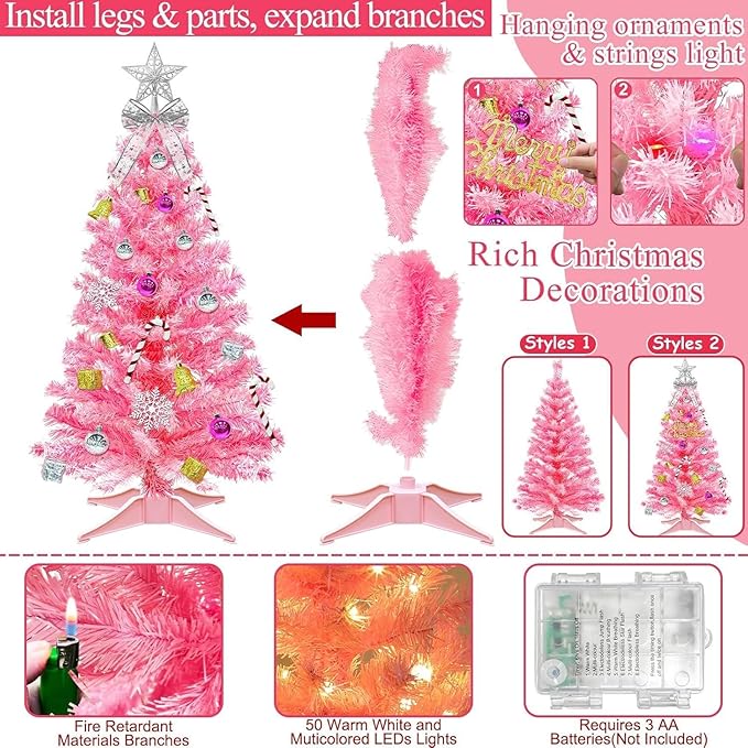 Valentines Day Decorations-3 FT Artificial Valentines Christmas Tree,Tabletop Small Christmas Tree with 50 Warm White & Multicolor Changing Lights Timer 8 Modes DIY Ball Ornaments Holiday Decoration