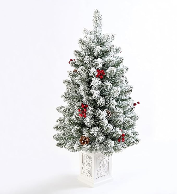 3 Ft Pre-Lit Christmas Tree, Frosted Artificial Christmas Tree with 78 Led Lights,8-Mode Battery Box,Timer Battery,Red Berry,Christmas Decoration for Home, Office,Fireside,Easy Installation