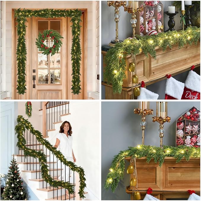 2PCS 6.2FT Christmas Garland with Lights, Real Touch Cedar Garland Thick and Lush Greenery with Soft Artificial Pine Branches for Mantle Fireplace Table Wall Outdoor Indoor Christmas Decorations
