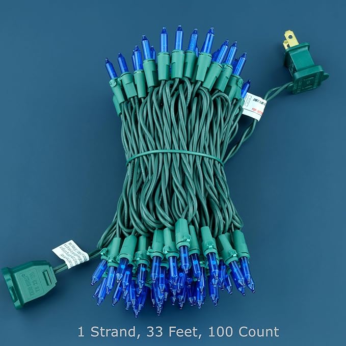 YULETIME 100 Count Blue Christmas Lights, 33 Feet Green Wire UL Certified Incandescent-Like LED Mini String Lights