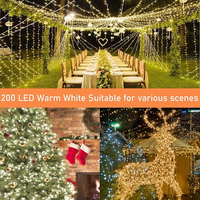 66FT 200LED Christmas String Lights Outdoor/Indoor, Extendable Twinkle Fairy Lights Waterproof Clear Wire with 8 Modes&Timer Function for Garden Bedroom Patio Christmas Tree Decorations (Warm White)