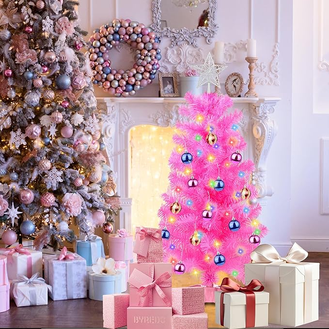 3 Ft Pink Christmas Tree Tinsel Dual Color Change 12 Modes Timer DIY 50 Warm White & Colored Lights 15 Ball Ornaments Star Battery Operated Small Artificial Full Xmas Tree Table Indoor Holiday Decor