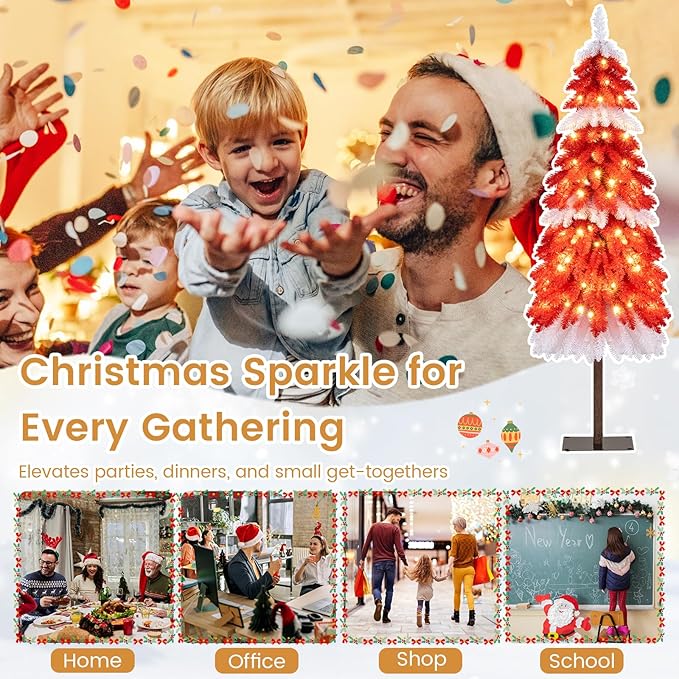 Happygrill 5 FT Artificial Christmas Tree, Candy Cane Xmas Tree with 301 Branch Tips, 100 Warm White LED Lights & Metal Base, Holiday Decoration Tree for Party Carnival